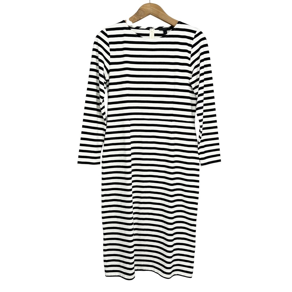 J. Crew Black White Striped Long Sleeve Cotton Sheath Midi Dress Women's Size 8